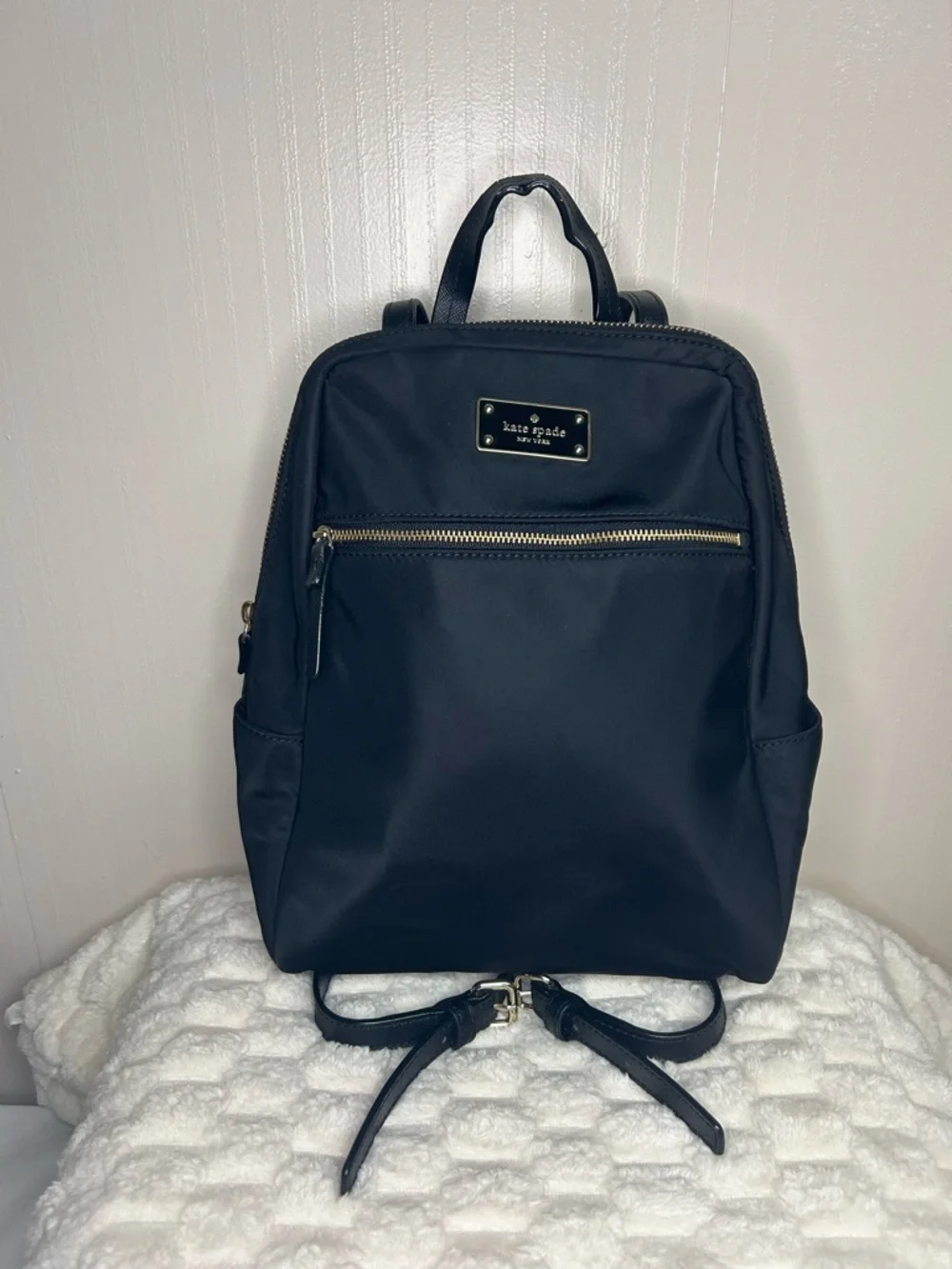 Kate Spade Blake Ave black nylon mini backpack with gold hardware